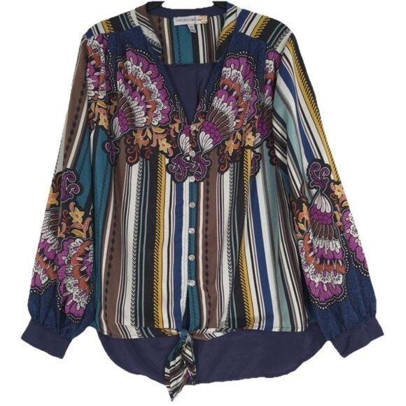 FIGUEROA & Flower Women's MEDIUM Green Pink Floral Blouse Shirt Top Boho Striped - Picture 1 of 10